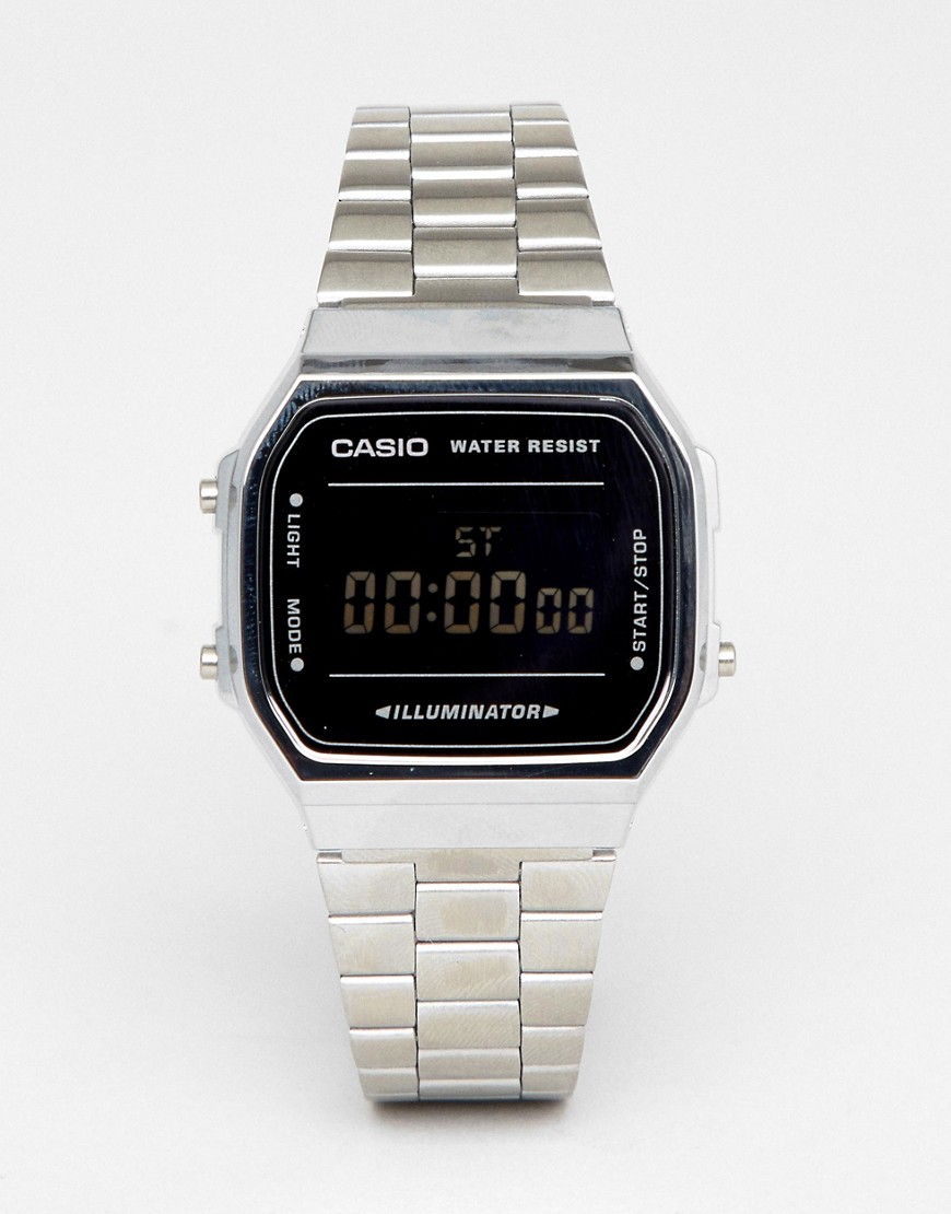 Casio A168W unisex digital bracelet watch in silver and black mirror