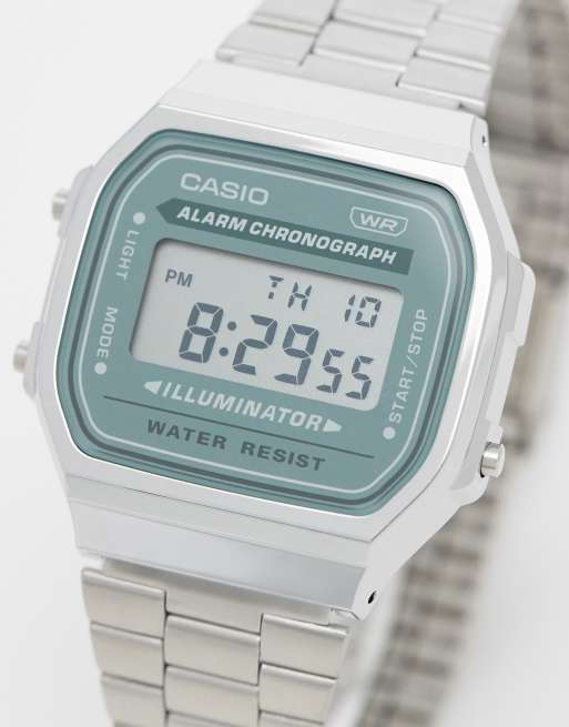 Casio A168WA vintage digital watch in silver and mint ASOS