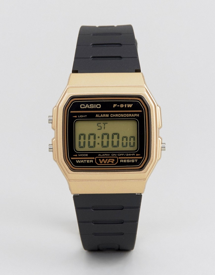 Casio – F91WM-9A – Digitalklocka med armband i silikon i svart/guld