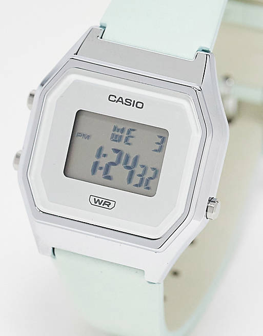 Casio LA680 turquoise leather band watch in silver