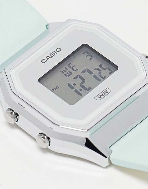 Casio LA680 turquoise leather band watch in silver