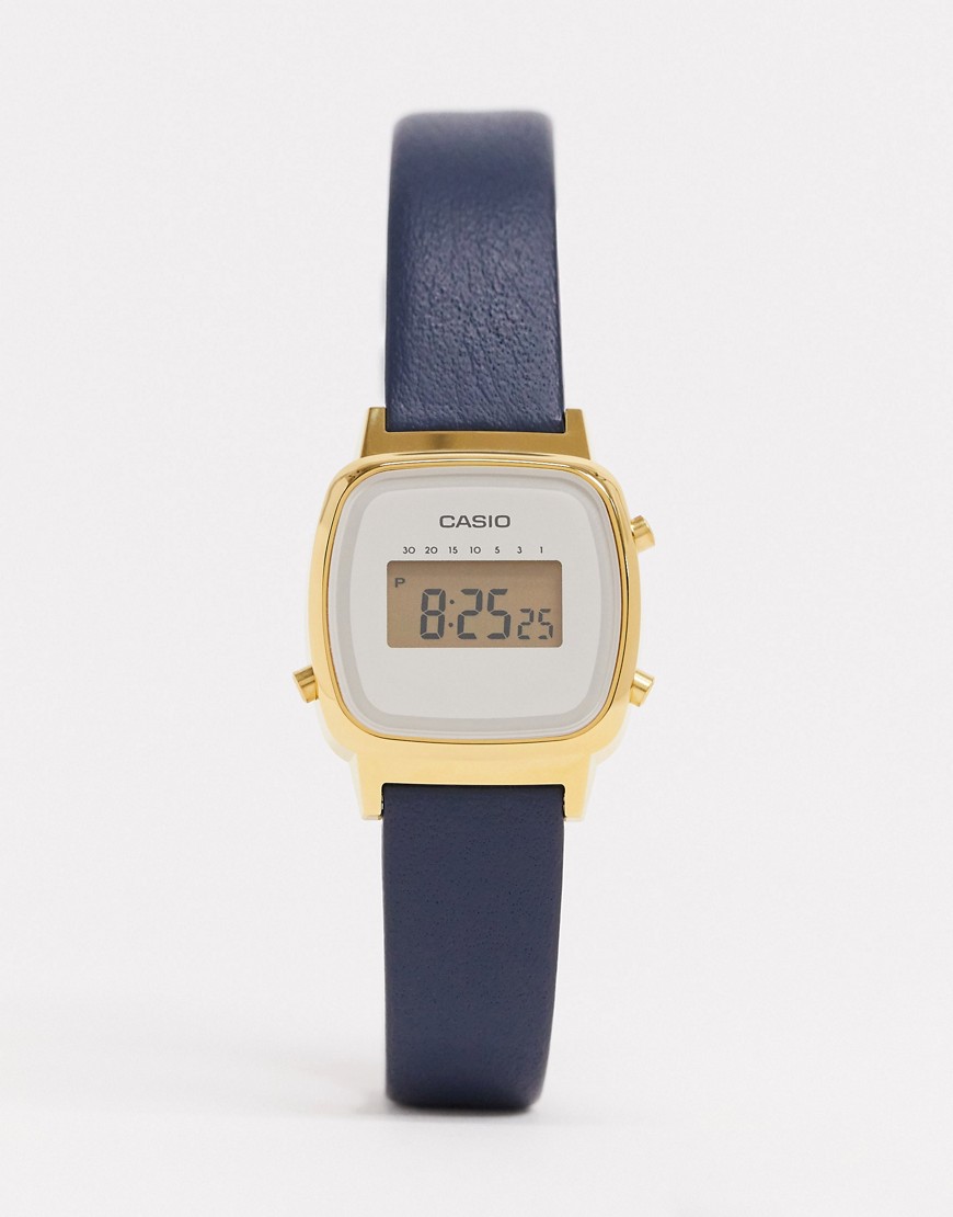 Casio – Marinblå digital klocka i läder-Svart