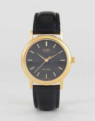 Casio - mtp1095q-1a - horloge met leren bandje in zwart met gouden detail