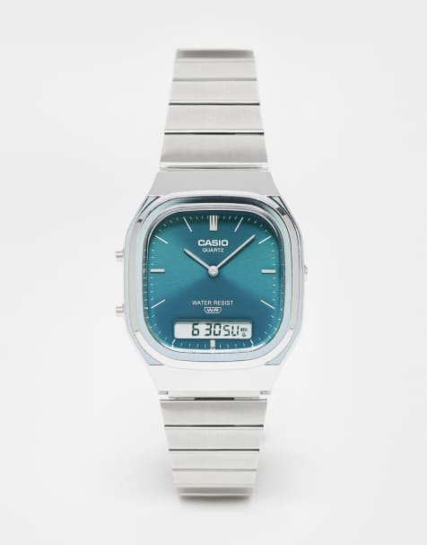 Casio stainless steel watch with blue face in silver - view 1