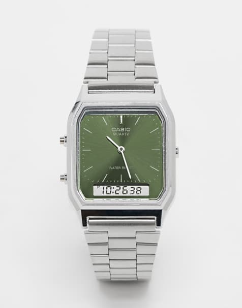 Casio stainless steel watch with green face in silver - view 1