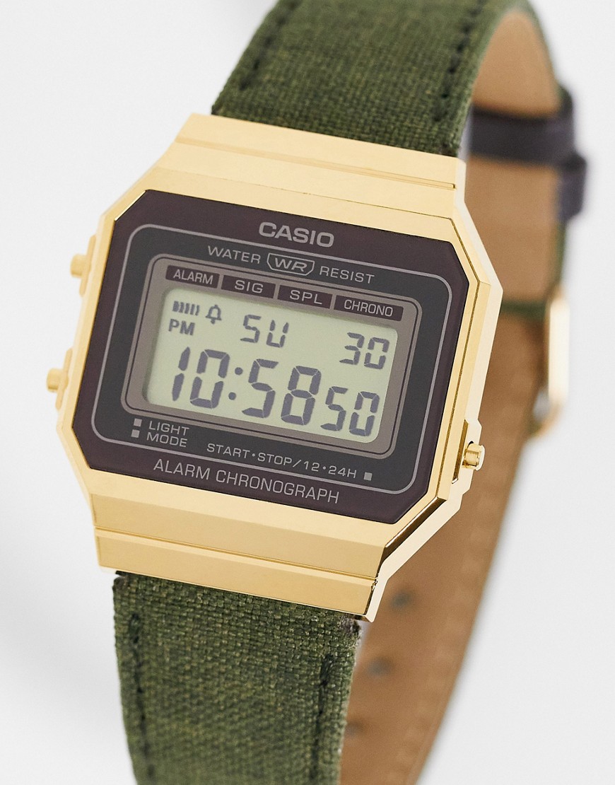 Casio unisex vintage square face watch with cloth band in dark green
