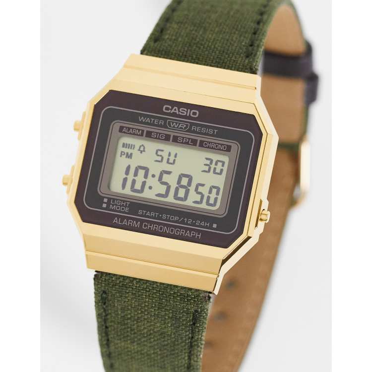 Casio unisex vintage square face watch with cloth band in dark green ASOS
