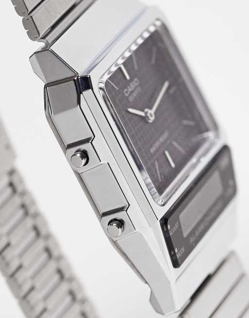Casio vintage style watch with grid face in black Exclusive at ASOS