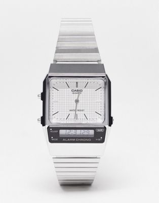 Casio vintage style watch with grid face in silver Exclusive at ASOS