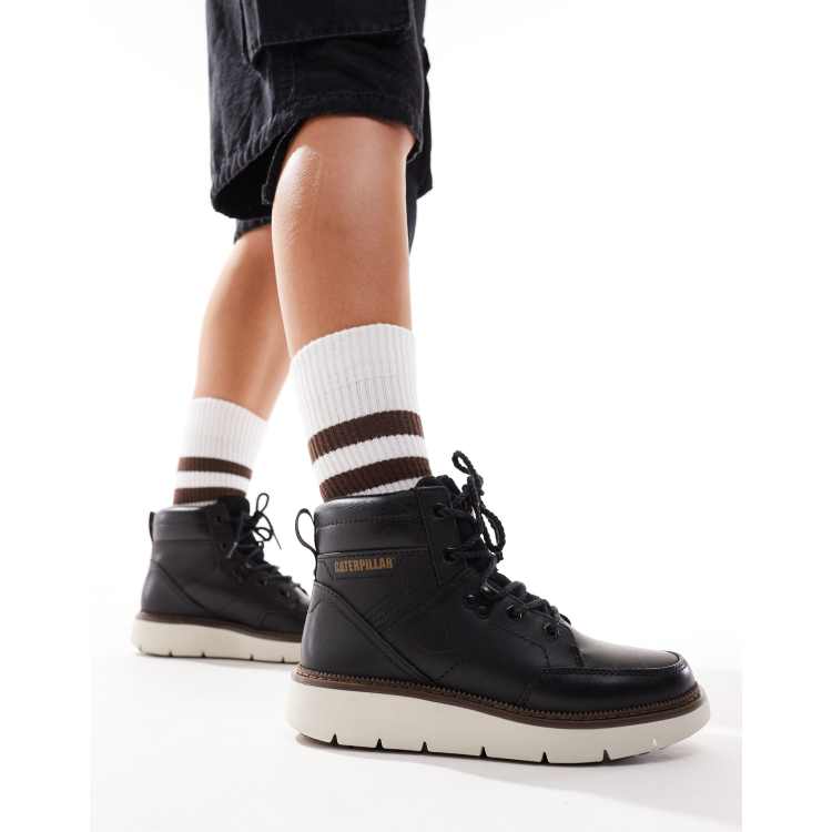 CAT chariot mid fleece lace up leather boots in black ASOS