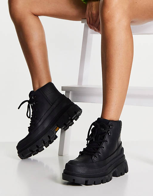 CAT Hardwear chunky sole leather walking boots in black | ASOS