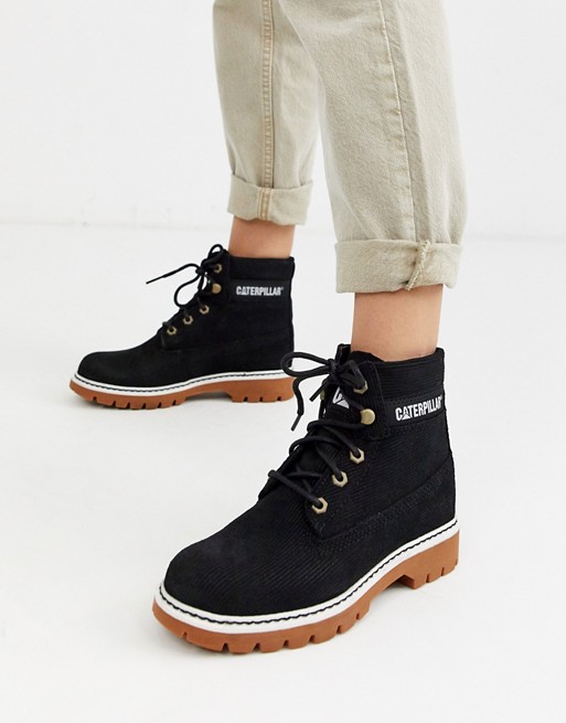 CAT lyric corduroy suede lace up boots in black