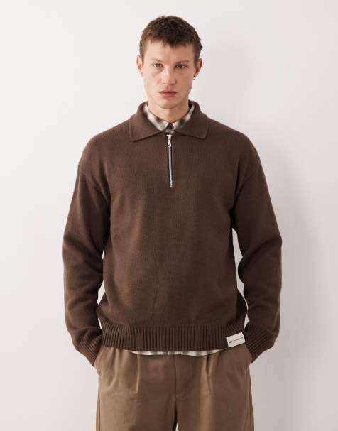 CAT WWR 1/4 zip loose fit knit polo in brown - view 1