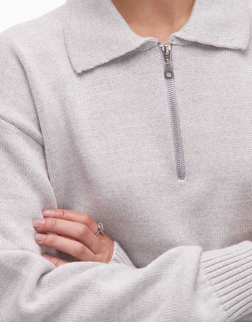 CAT WWR 1/4 zip loose fit knit polo jumper in light grey, 3 of 4
