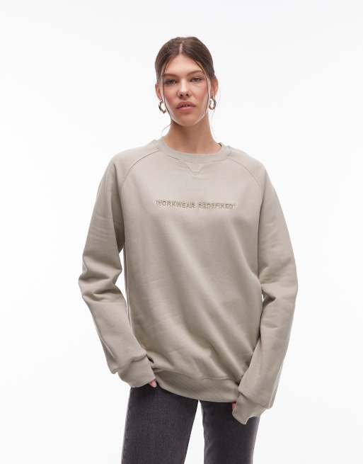 CAT WWR 300 gsm embroidered logo loose fit raglan sweatshirt in stone, 2 of 4