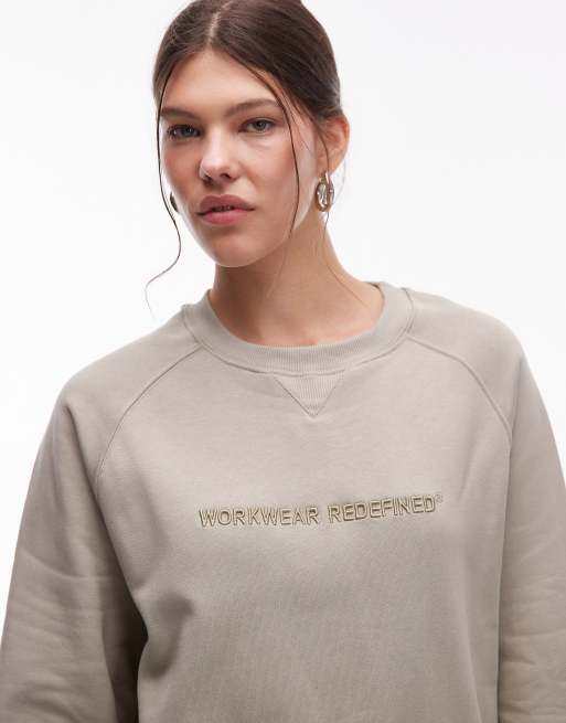 CAT WWR 300 gsm embroidered logo loose fit raglan sweatshirt in stone, 3 of 4