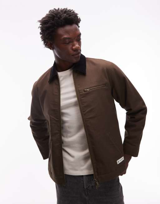 CAT – WWR – Brązowa płócienna kurtka z dwudrożnym zamek i pikowaną podszewką