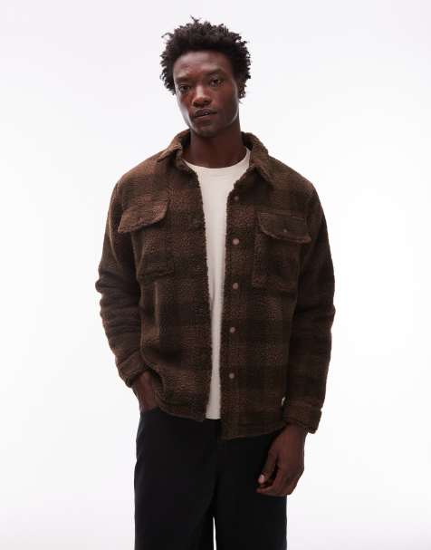 CAT WWR button through check sherpa overshirt with quilted lining in brown check - view 1