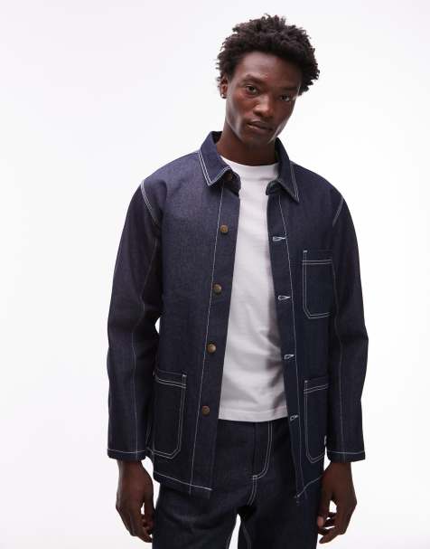 CAT WWR button through regular fit denim overshirt with contrast stitching in dark wash blue - view 1