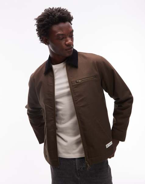 CAT WWR canvas two way zip jacket with quilting lining in brown - view 1