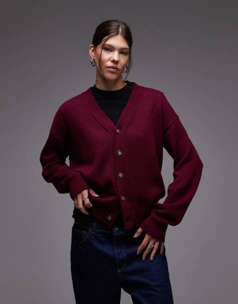 CAT - WWR - Cardigan in misto lana Merino ampio bordeaux con logo sul retro - view 1