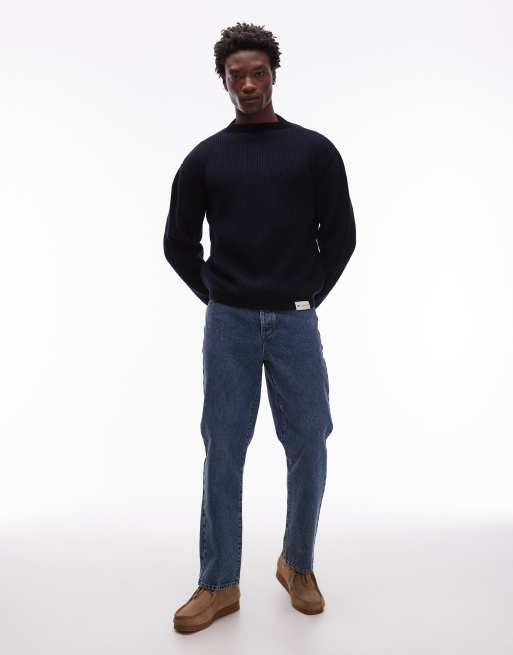 CAT WWR half neck ribbed loose fit knit jumper in navy, 2 of 5