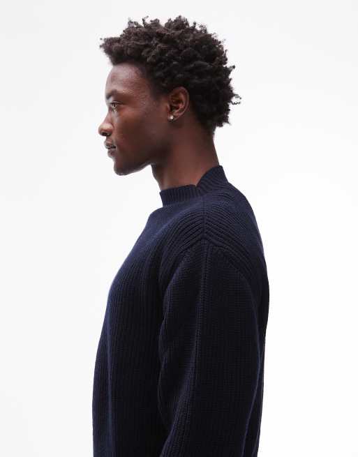 CAT WWR half neck ribbed loose fit knit jumper in navy, 4 of 5