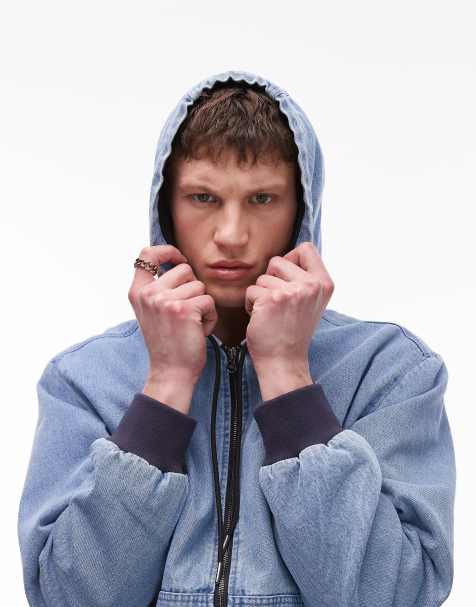 CAT WWR hooded denim jacket in light wash blue - view 1