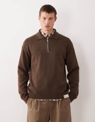 CAT - WWR - Loose-Fit-Polohemd aus Strick in Braun mit kurzem Reißverschluss-Brown Brown XL