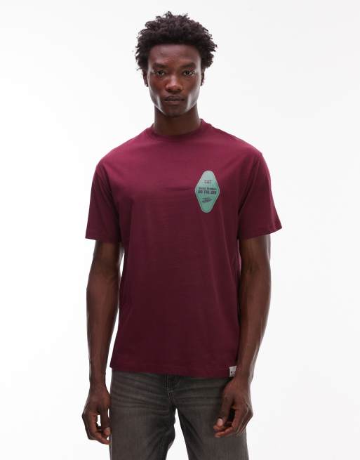 CAT – WWR – Luźny bordowy T-shirt z graficznym logo z materiału o gramaturze 180 g/m²
