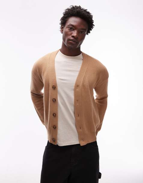 CAT WWR merino wool blend loose fit knit cardigan with back logo in beige - view 1