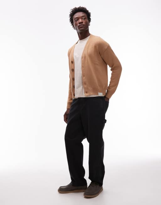 CAT WWR merino wool blend loose fit knit cardigan with back logo in beige, 2 of 5
