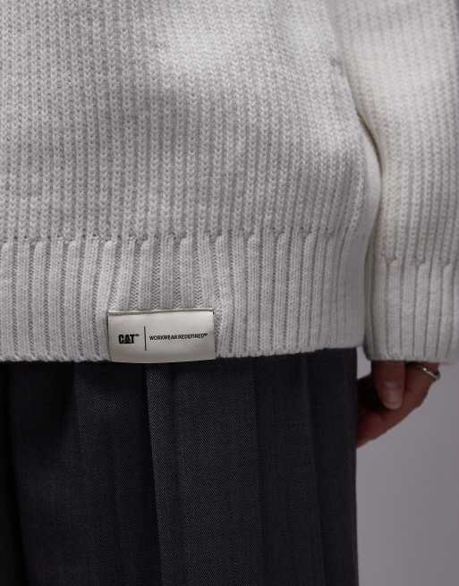 CAT WWR ribbed knit crew neck loose fit jumper in white, 4 of 4