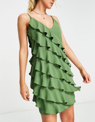 Catch crinkled frill detail beach mini summer dress in khaki