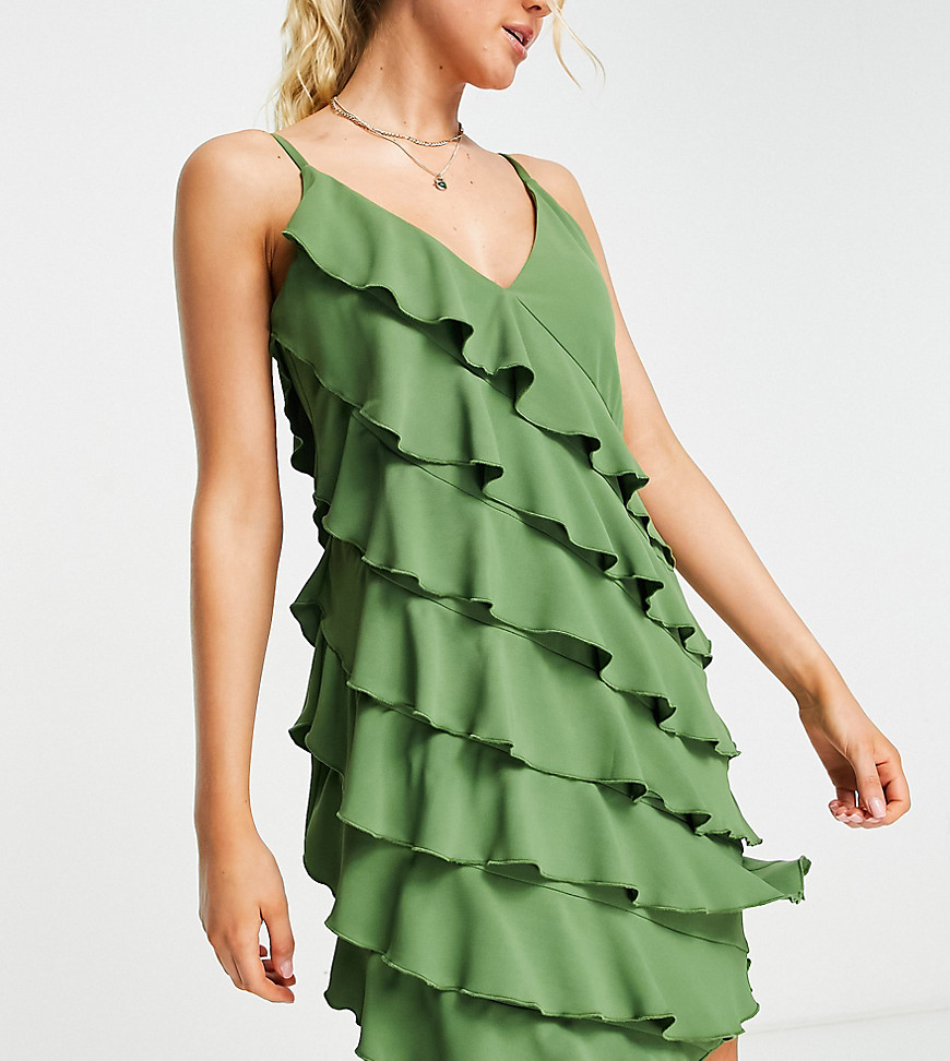 Catch crinkled frill detail beach mini summer dress in khaki-Green