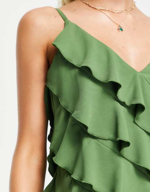 Catch crinkled frill detail beach mini summer dress in khaki , 2 of 4