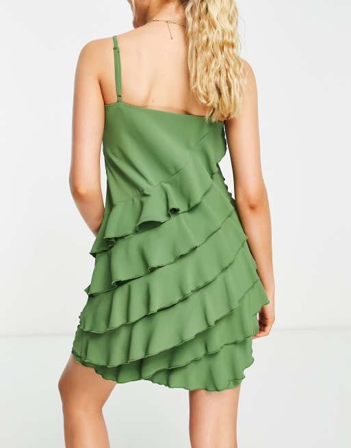 Catch crinkled frill detail beach mini summer dress in khaki , 3 of 4