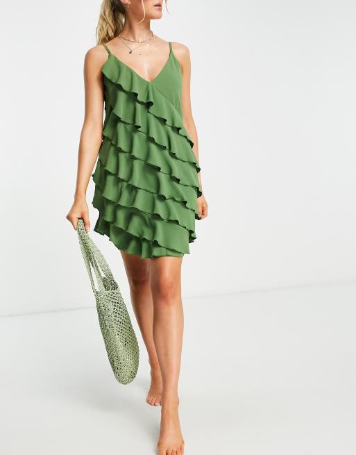 Catch crinkled frill detail beach mini summer dress in khaki , 4 of 4
