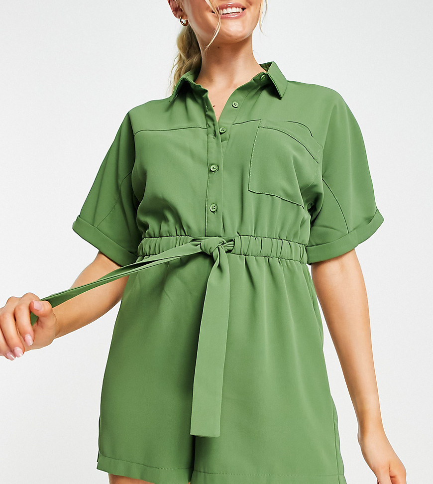 Catch crinkled oversized utility beach playsuit in khaki-Green