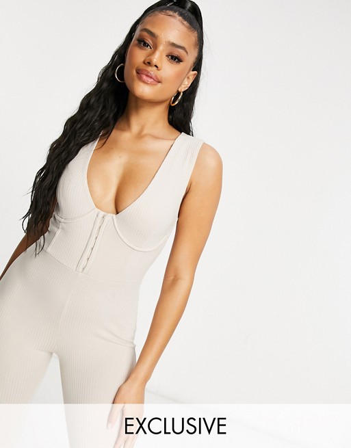 Catch Exclusive ribbed underwired jumpsuit in cream