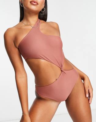 Catch Catch high shine one shoulder swimsuit in brown