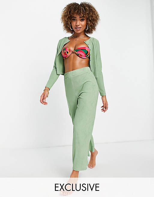 Catch rib cropped wide leg trouser co-ord in green