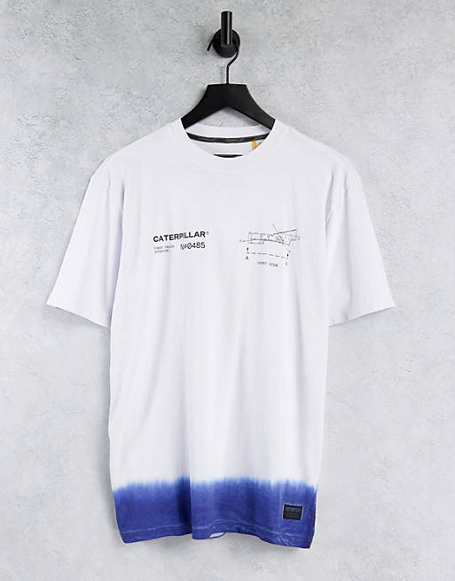 Caterpillar engine logo print dip dye t-shirt in white/blue