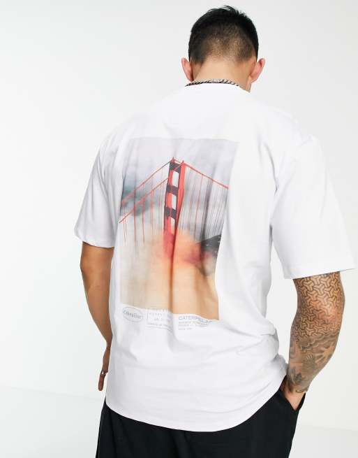 Caterpillar – Workwear – Biały T-shirt ze zdjęciem mostu w stylu vintage na plecach