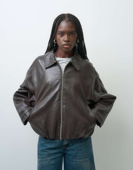 cazadora bomber acolchada de piel sintética en marrón chocolate, 3 de 4