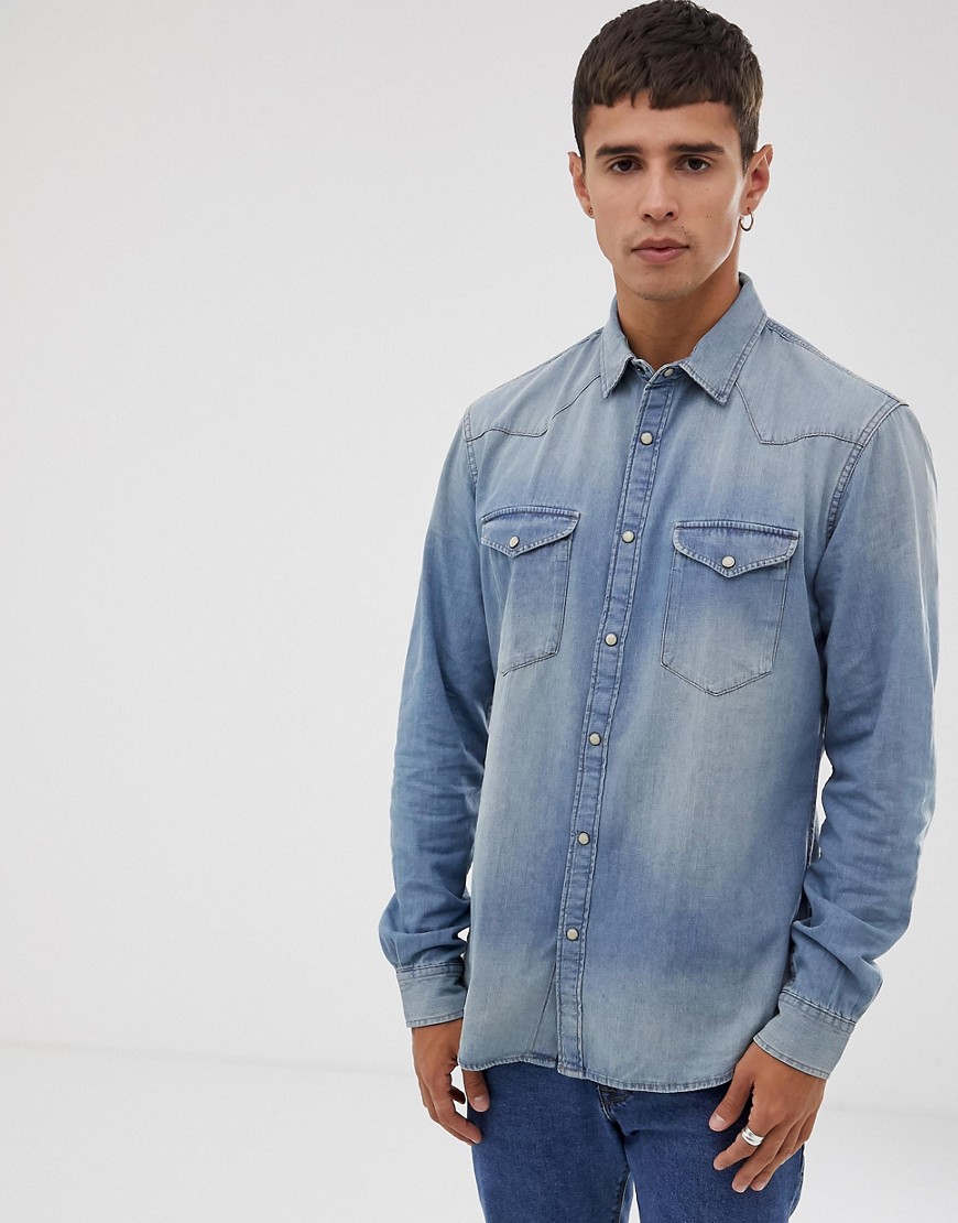 Celio - Camicia di jeans slim stile western blu medio slavato