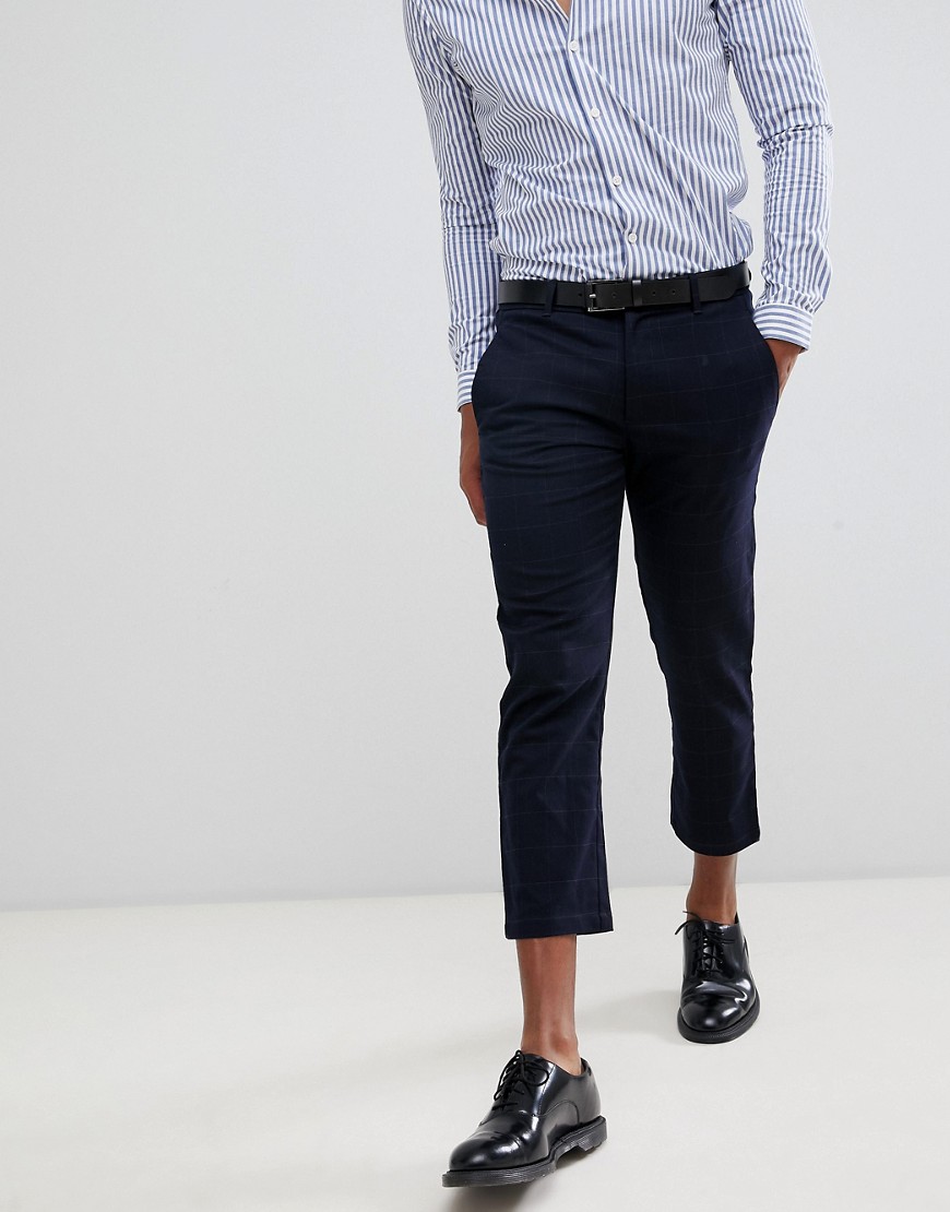 Celio cropped smart trousers in windowpane check-Navy