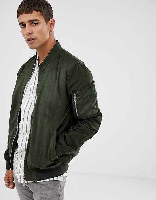 Celio faux suede bomber with contrast sleeve in dark green | ASOS
