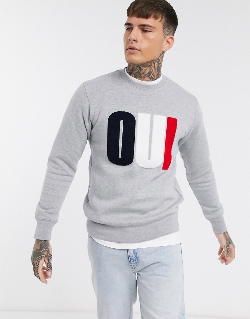 Celio – Grå sweatshirt med rund halsringning och OUI-tryck