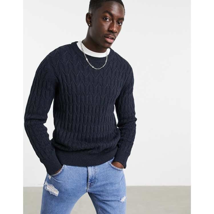 Celio Pull en maille torsad e Bleu marine